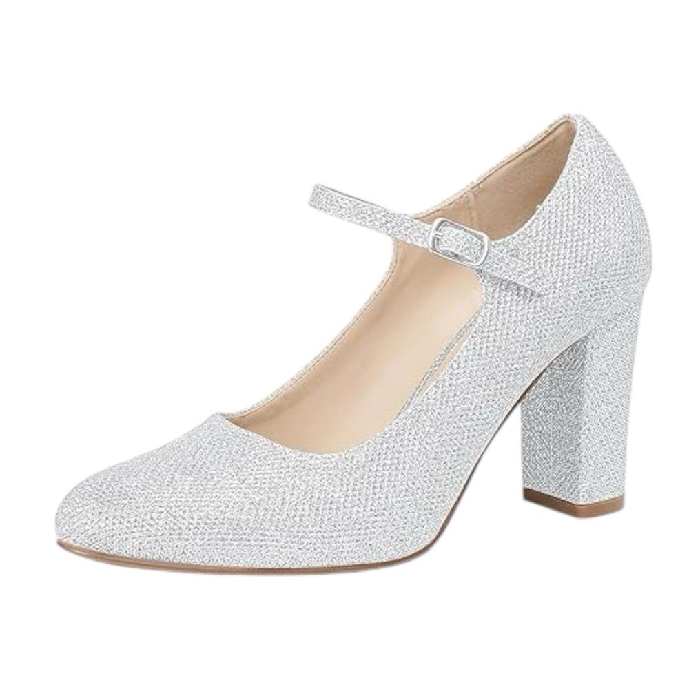 Idifu Women's Silver Glitter Mary Jane Heels Size 8 Chunky Heel Buckle NWOB